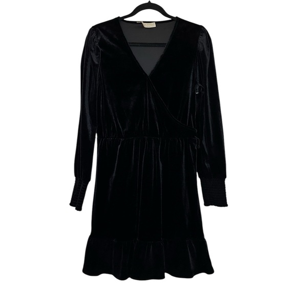 New ANTHEM Velvet V Neck Dress Women S Black Long Sleeve Ruffles Gothic - Picture 1 of 10